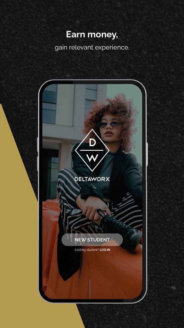 Startscherm van de Deltaworx-app met de keuze tussen nieuwe student en inloggen