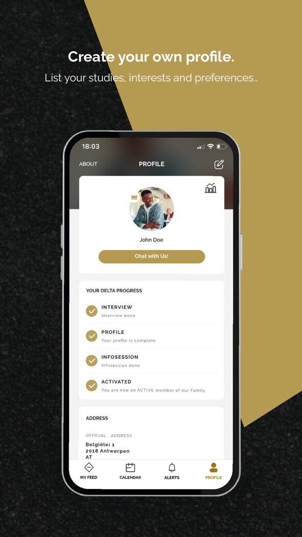 Profielscherm van de Deltaworx-app met de stappen intake, profiel en infosessie