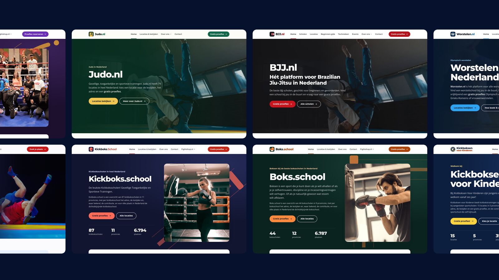 Homepages van Judo.nl, BJJ.nl, Kickboks.school en Boks.school, vier vechtsportplatforms van Martial Arts Group